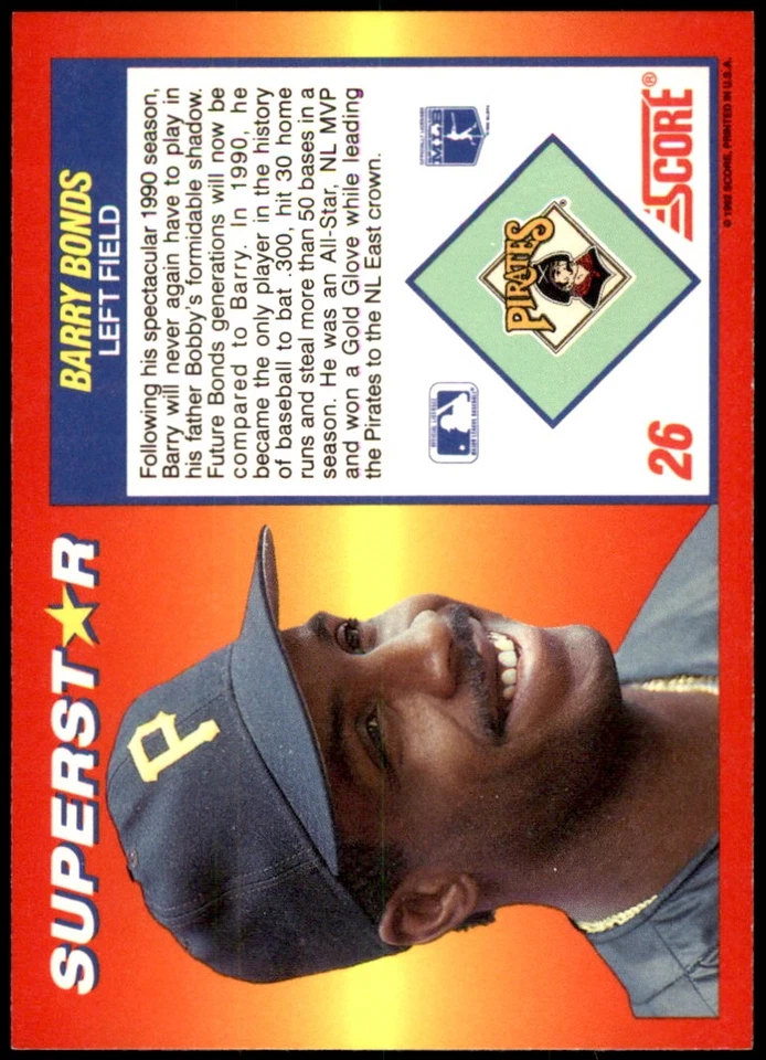 Barry Bonds 1992 Score 100 Superstars #26 Pirates MLB READ FREE SHIPPING - Image 2 of 2