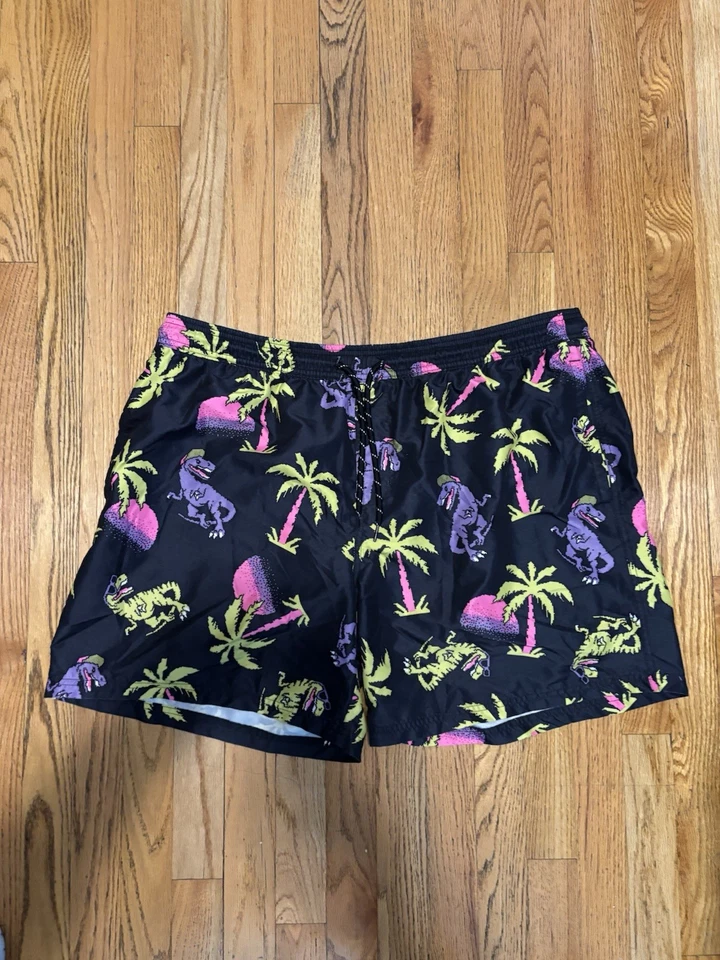 Bañador Retro Años 90 Para Hombres 2XL Negro Dinosaurio T-Rex Palmera Estampado Completo Foto 2 de 3