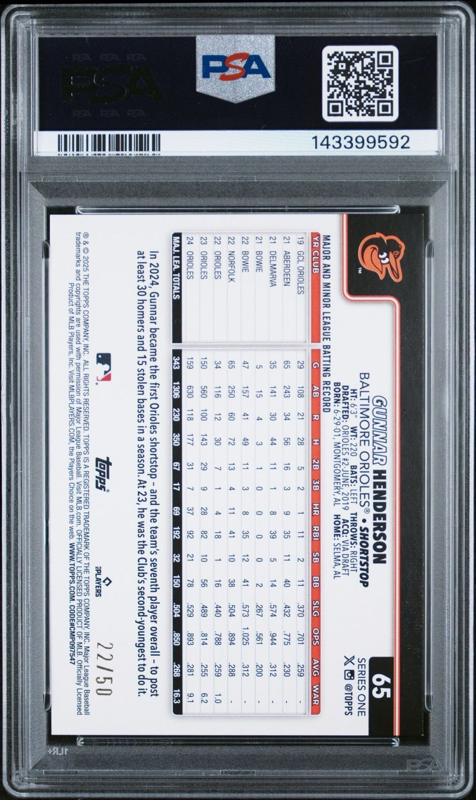 2025 Topps #65 Gunnar Henderson Gold Diamanté /50 PSA 9 Mint view 2