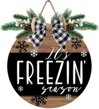 Winter It'S Freezin Season Front Door Sign, Farmhouse Rustic Snowflake Wood Door