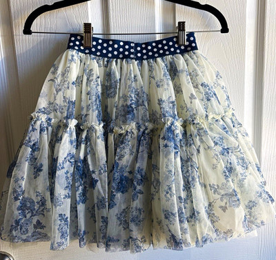 Monnalisa Italy Girls Luxury Blue Floral Toile de Jouy Tiered Tulle Skirt 10