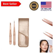 Compact Rose Gold Point  Slant Tweezer Set in Travel Case for Precision