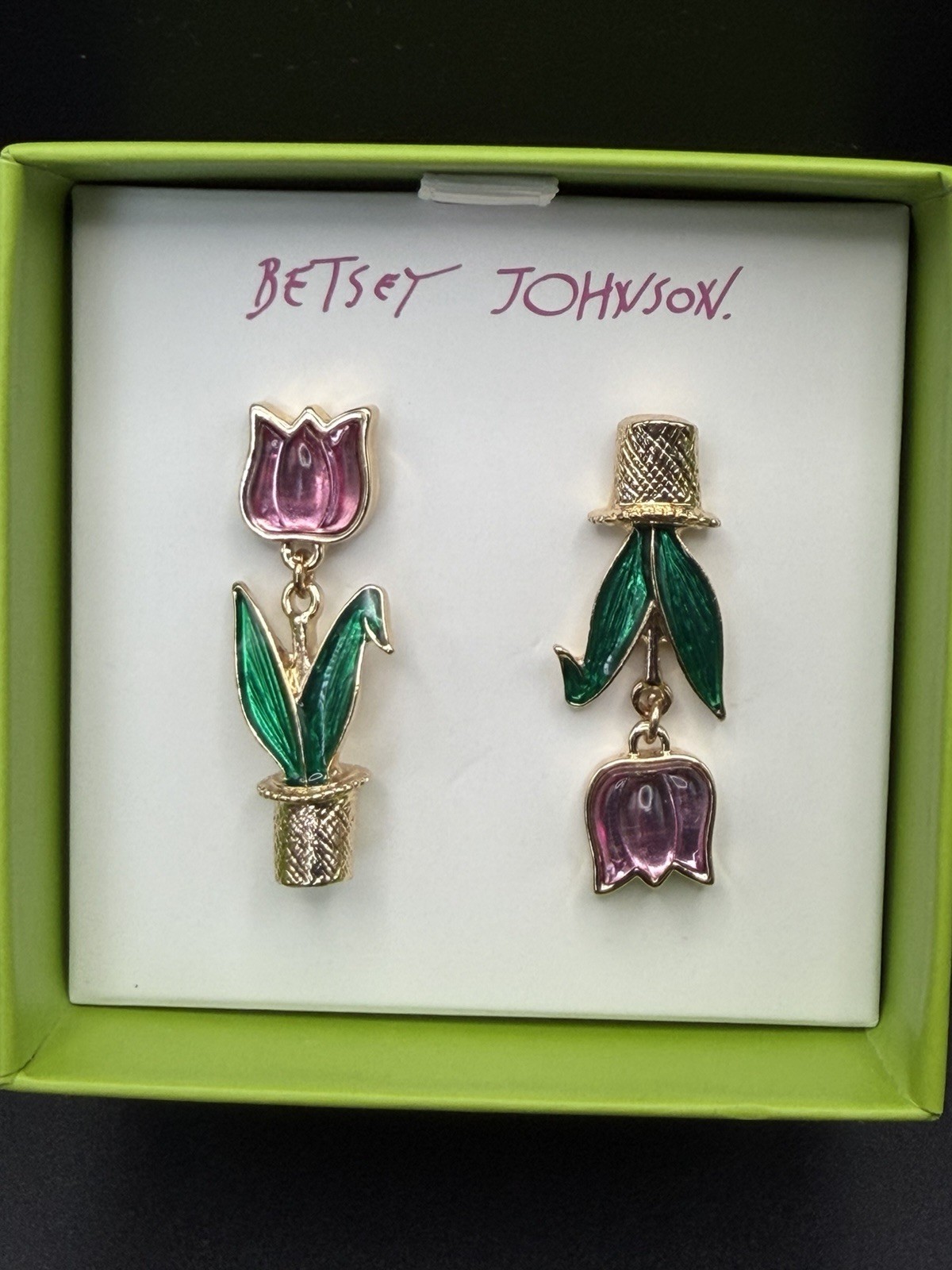 Betsey Johnson Tulip Mismatched Earrings Gold Tone New In Box