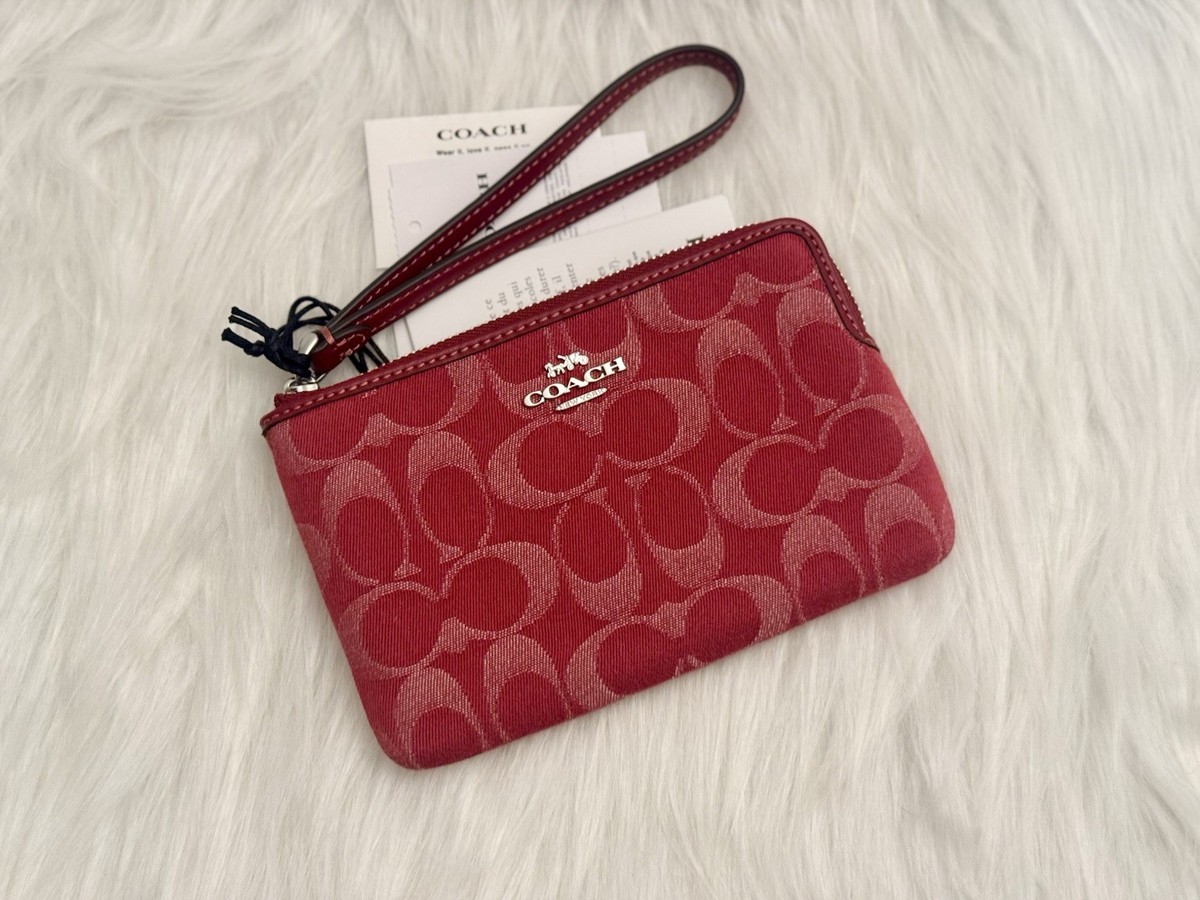 NWT Coach Corner Zip Wristlet In Signature Denim CDF27 in True Red