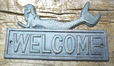 Cast Iron MERMAID WELCOME Plaque Sign Nautical Wall Pool Decor BOAT HOUSE 