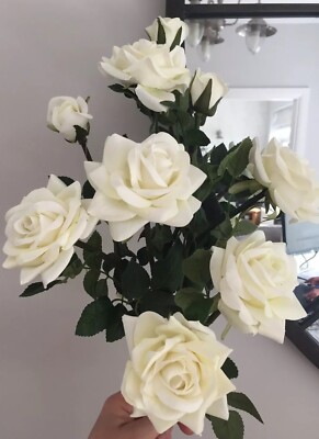 Künstliche Soft Touch Blumen Creme Rosen x 3 langer Stiel Luxus Zuhause Hochzeit Dez