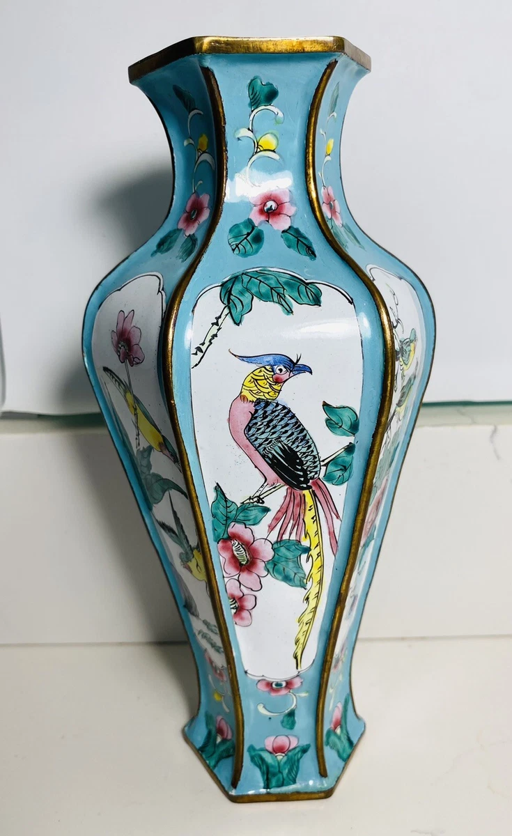 Antique Chinese Canton Enamel hexagonal Vase 9” 6 different panels Birds-Flower