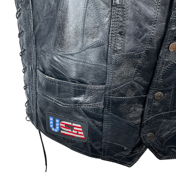 Harley Vest XL Black Diamond Plate Buffalo Leather Lined Snap Front