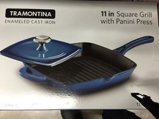 NUEVO EN CAJA Sartén Parrilla de Hierro Fundido Tramontina 11" con Prensa - Azul