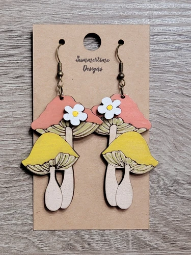 Hand Painted Laser Cut Wood Earrings Mushrooms 3"