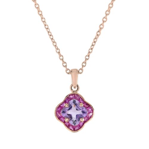 Lily Cut Pink Amethyst and Ruby Pendant Necklace in 9K Rose Gold - Picture 1 of 13