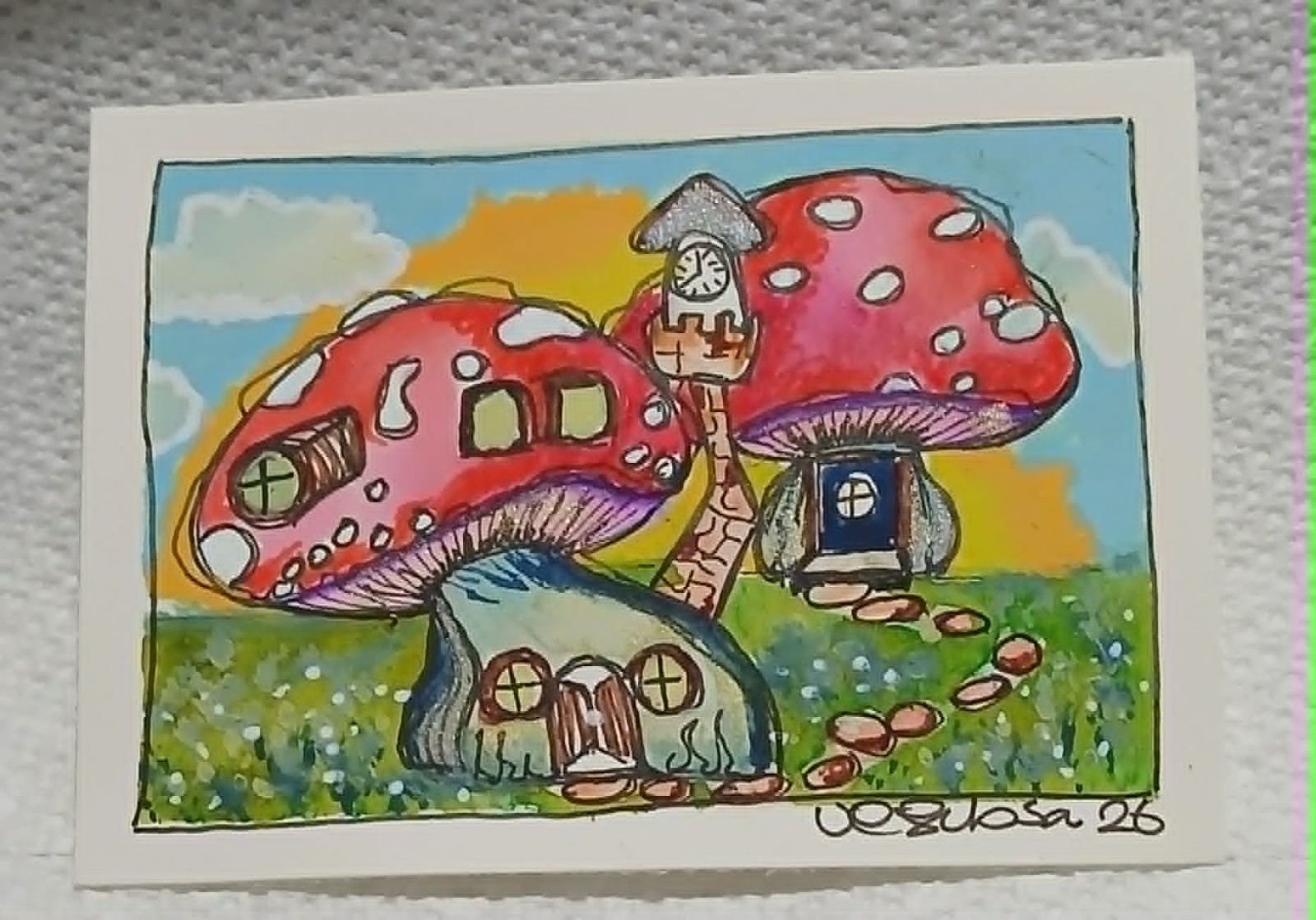 OOAK Watercolor ACEO Enchanted Redcap Mushroom House Naive Outsider Art Virginia