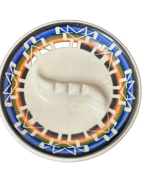 Rare Signed RED ELK Pine Ridge Sioux Art Pottery Geometric Rainbow Glaze Ashtray