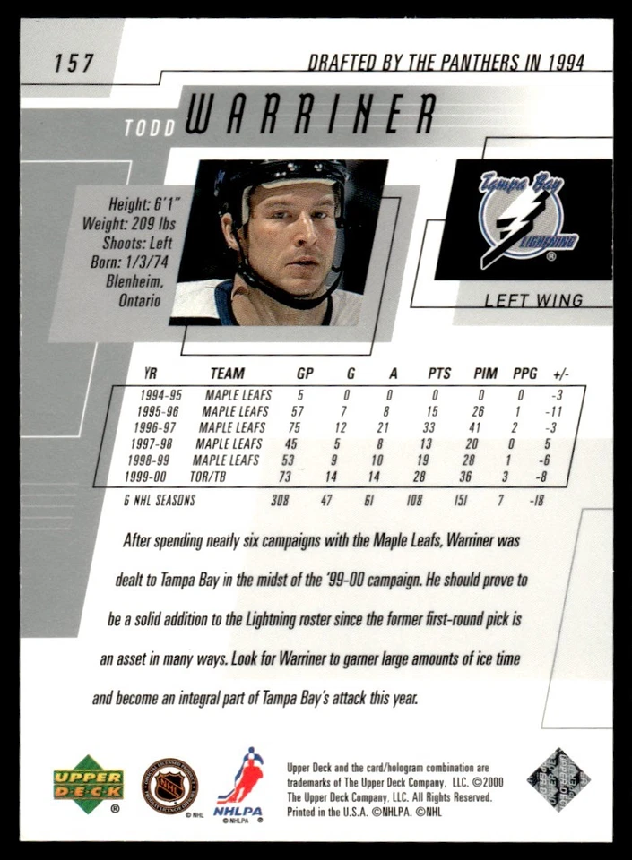 2000-01 Upper Deck Exclusives Tier 1 Todd Warriner 28/100 #157 *Noles2148* - Image 2 of 2