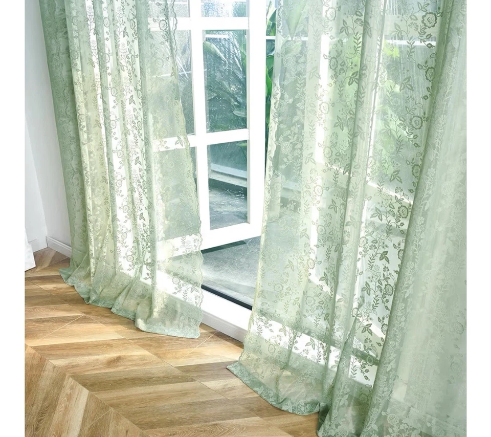 Sage绿色蕾丝窗帘42x45 2块套装乡村风叶花卉短蕾丝 — 第 3/4 张图片