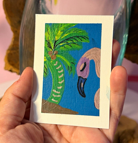 Original ACEO Palm Tree Painting Tropical Florida Acrylic Art 2.5x3.5 Signed