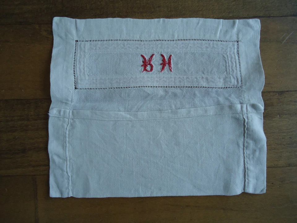 POCHETTE SERVIETTE LIN GALON MONOGRAMME RN MONOGRAMME RH LINGE ANCIEN - Photo 2/2