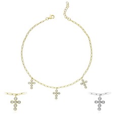 18K Yellow Gold Over Silver Paperclip Cross Ankle Bracelet Solid Links 9-10"
