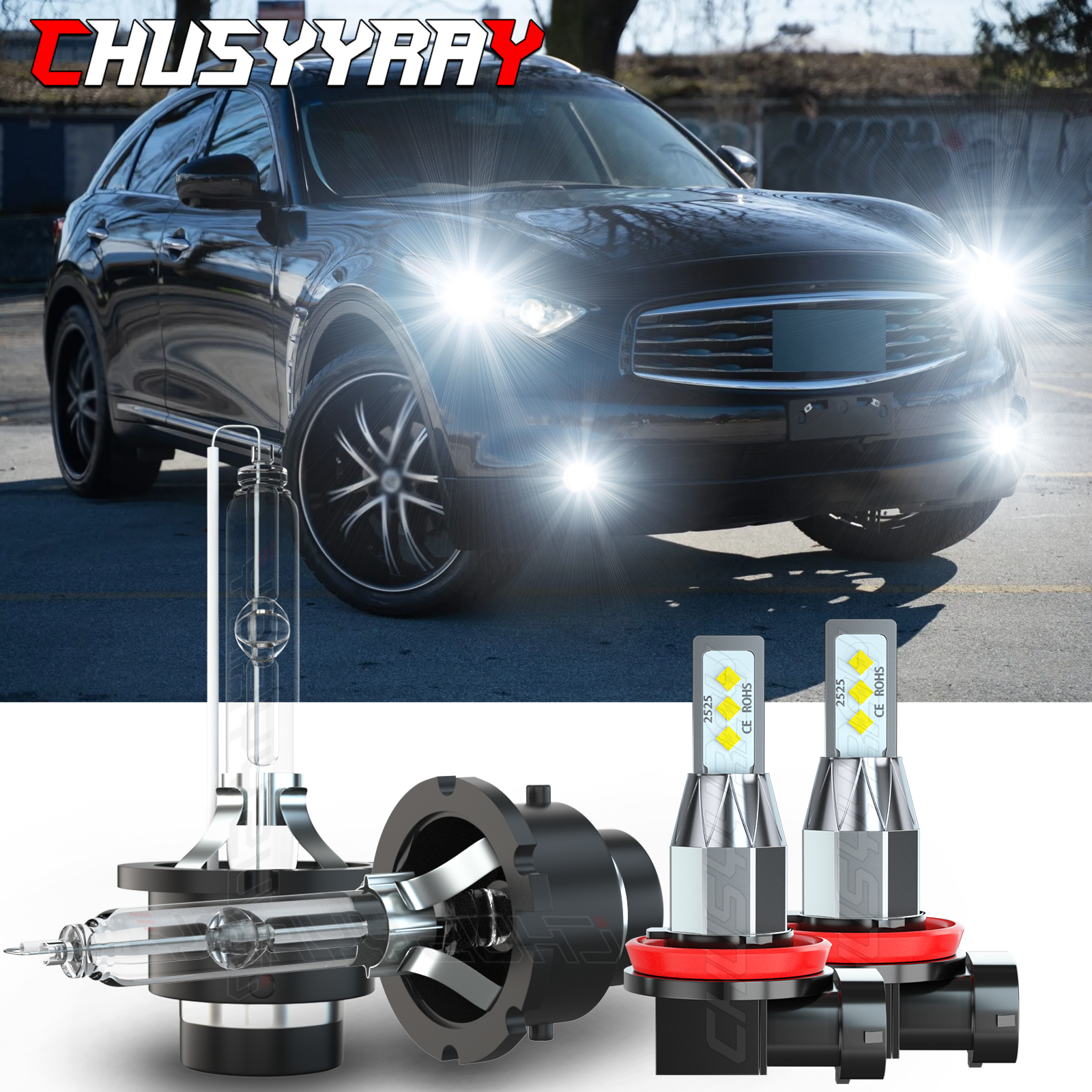 For Infiniti FX35 2006-2010 2011 2012 Combo HID Headlight Bulbs + LED Fog Light