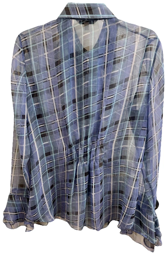 CAbi Size(L) Penelope Blouse Blue Plaid Ruffle Sheer Bell Sleeves Pleating NWOT - Image 2 of 4