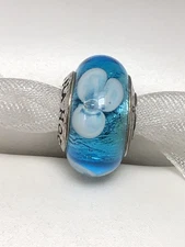 Rare NA-HOKU Sterling Silver White 3 Petal Flower Blue Foil Murano Glass Bead