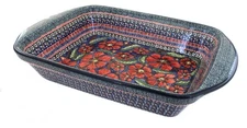 Blue Rose Polish Pottery Jungle Flower Large Rectangular Baker with Handles