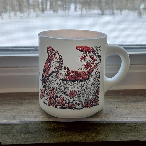 Milkglass Coffee Mug Tea Cup With Nesting Birds "Good Morning " Vintage