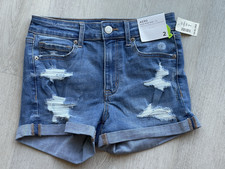 AERO High Rise Midi Distressed Jean Shorts Aeropostale Size 2 Med Wash NWT