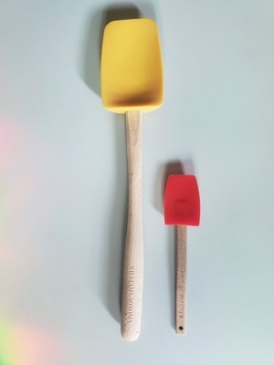 Williams Sonoma 12'' Spatula Spoonula & 6'' Mini Scraper Wood Handle Silicone Set