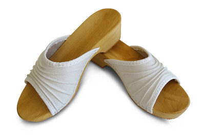 Damen Holz Clogs Leder Sandalen Pantoletten Holzschuhe Weiß