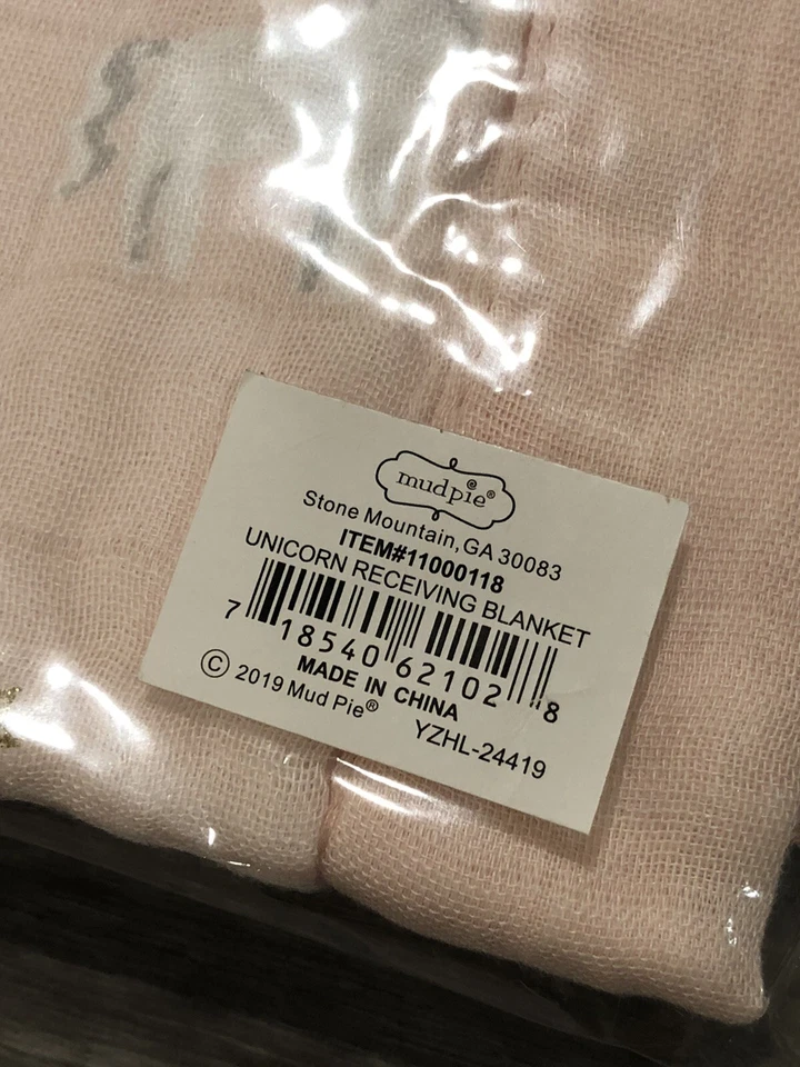 New Mud Pie Baby Blanket Pink Unicorn Muslin /Trim 36x36” Baby Girl Shower Gift - Image 4 of 4