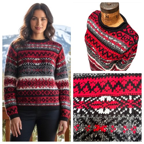 Fair Isle Knit Sweater Nordic Women Red Rolled Neck Ski Lodge Cottage Core Sz M