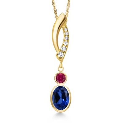 14K Yellow Gold Created Sapphire and Created Ruby and Lab Grown Diamond Pendant