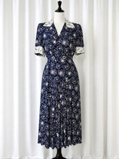 Cynthia Howie Vintage Navy Blue Outlined Floral Lace Pleated Tea Length Dress