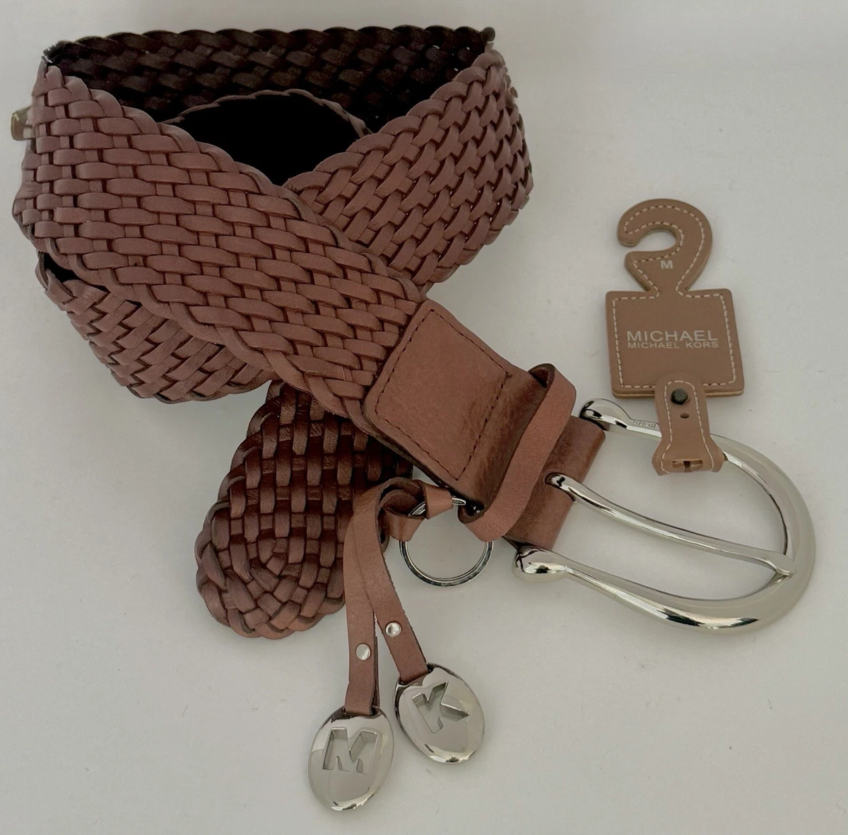 Michael Kors Cognac Braided Leather Belt MK Charm Silver Buckle Size M Michael Kors Women main image 4