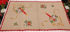 Vintage Hand Embroidered Christmas Table Runner W/Candles, Ornaments, And...
