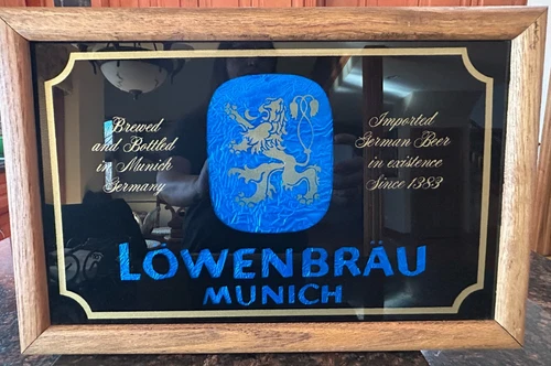 Vintage Lowenbrau Munich Beer Mirror Sign Wood Frame German Bar Decor 18x11.5