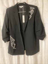 Chico 1 Abstract Bugle Beads Crystal 3/4 Buckle Sleeves Open Front Blazer Jacket