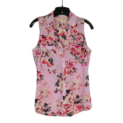 #ad VTG EXPRESS Pink GEORGETTE Floral BUTTON UP Pockets PORTOFINO SHIRT Tunic Top S $14.95