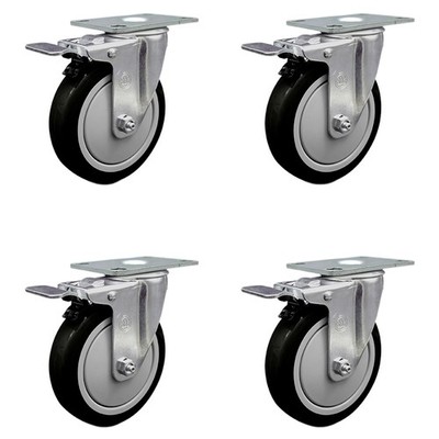 5 Inch Black Polyurethane Swivel Top Plate Caster Set with Total Lock Brake SCC
