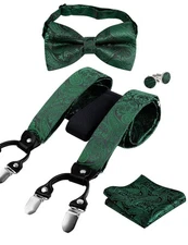 Mens Classic Paisley Suspender Bow Tie Hanky and Cufflinks Set Dark Green
