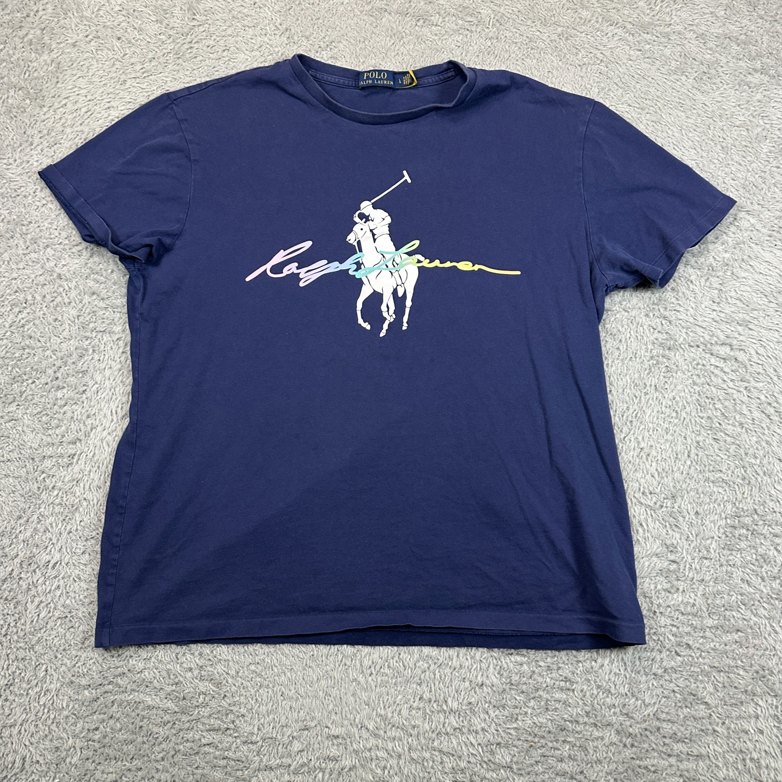 Polo Ralph Lauren T Shirt Uomo L Blu Manica Corta Pony Grafica Pastello Arcobaleno