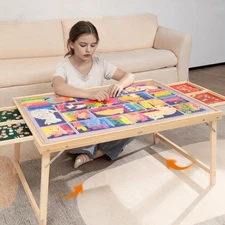 Foldable Puzzle Table with Legs, 34"X 26" Wooden Puzzle Board with Drawers & Cov