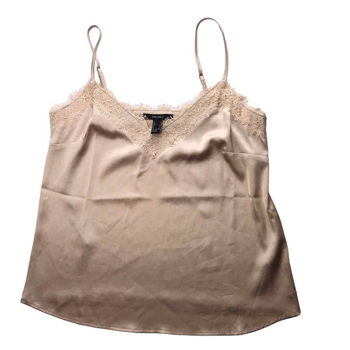 FOREVER 21 Tank Top Camisole. Nude Beige. Lace V Neck. Silky. Size