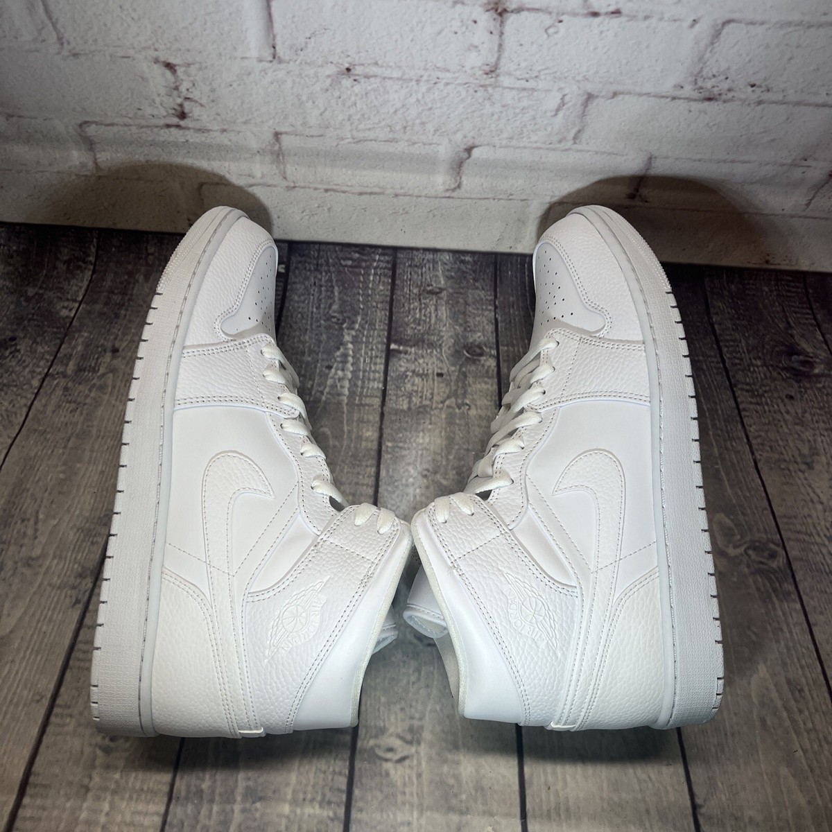 Nike Air Jordan 1 Mid Leather Triple White Shoes 554724-130 Men's