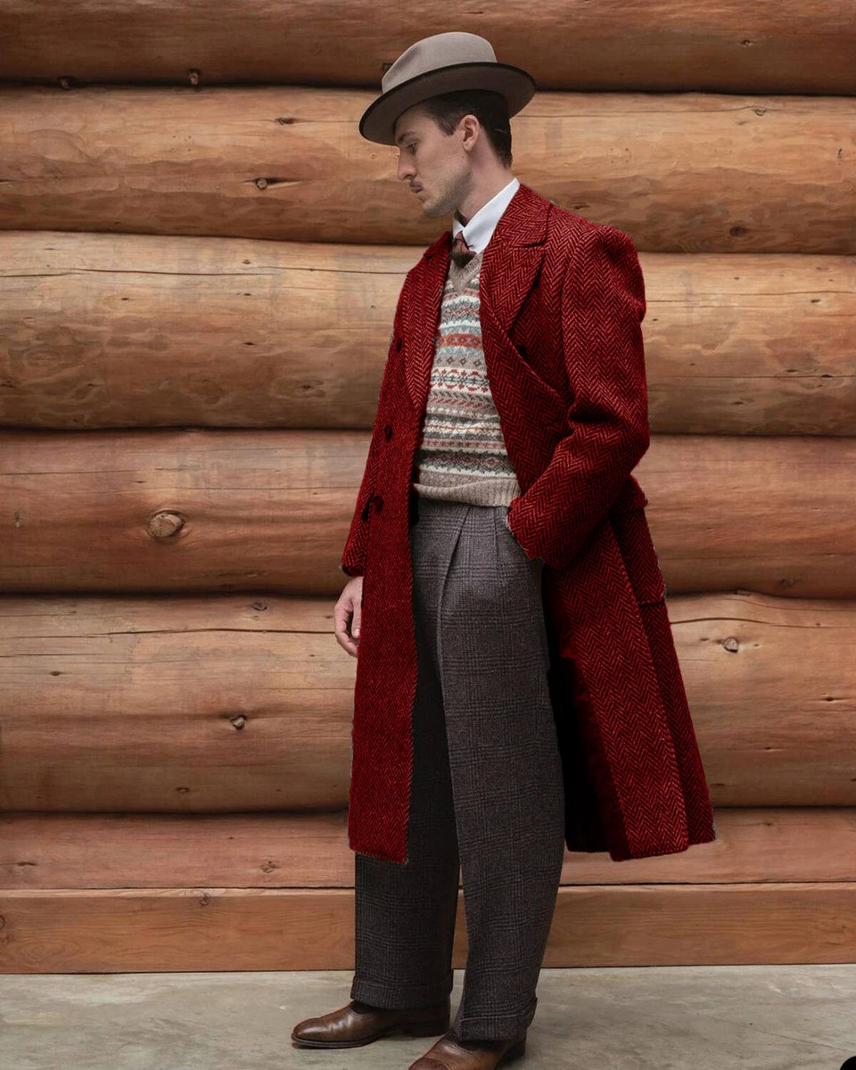 Men Long Overcoat Herringbone Coats Tweed Wool Blend Peak