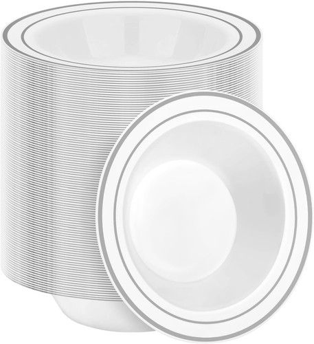 Premium 12oz Plastic Bowls with Silver Rim - Perfect for Weddings & Parties - Picture 3 of 8