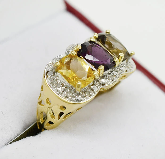 ANILLO TOPACIO AMARILLO GENUINO, AMATISTA, TOPACIO AHUMADO Y DIAMANTES ORO 10K * NUEVO CON ETIQUETAS * Foto 4 de 4