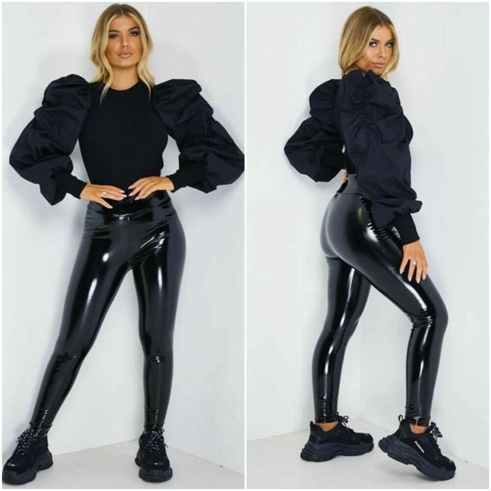 Women Ladies Vinyl PVC Wet Look Shiny Disco Elasticated High Waist Leggings  Pant