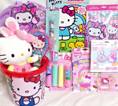 NEW HELLO KITTY KIDS EASTER GIFT BASKET TOY LOT BOOKS BUNNY EGG HUNT PLAY SET